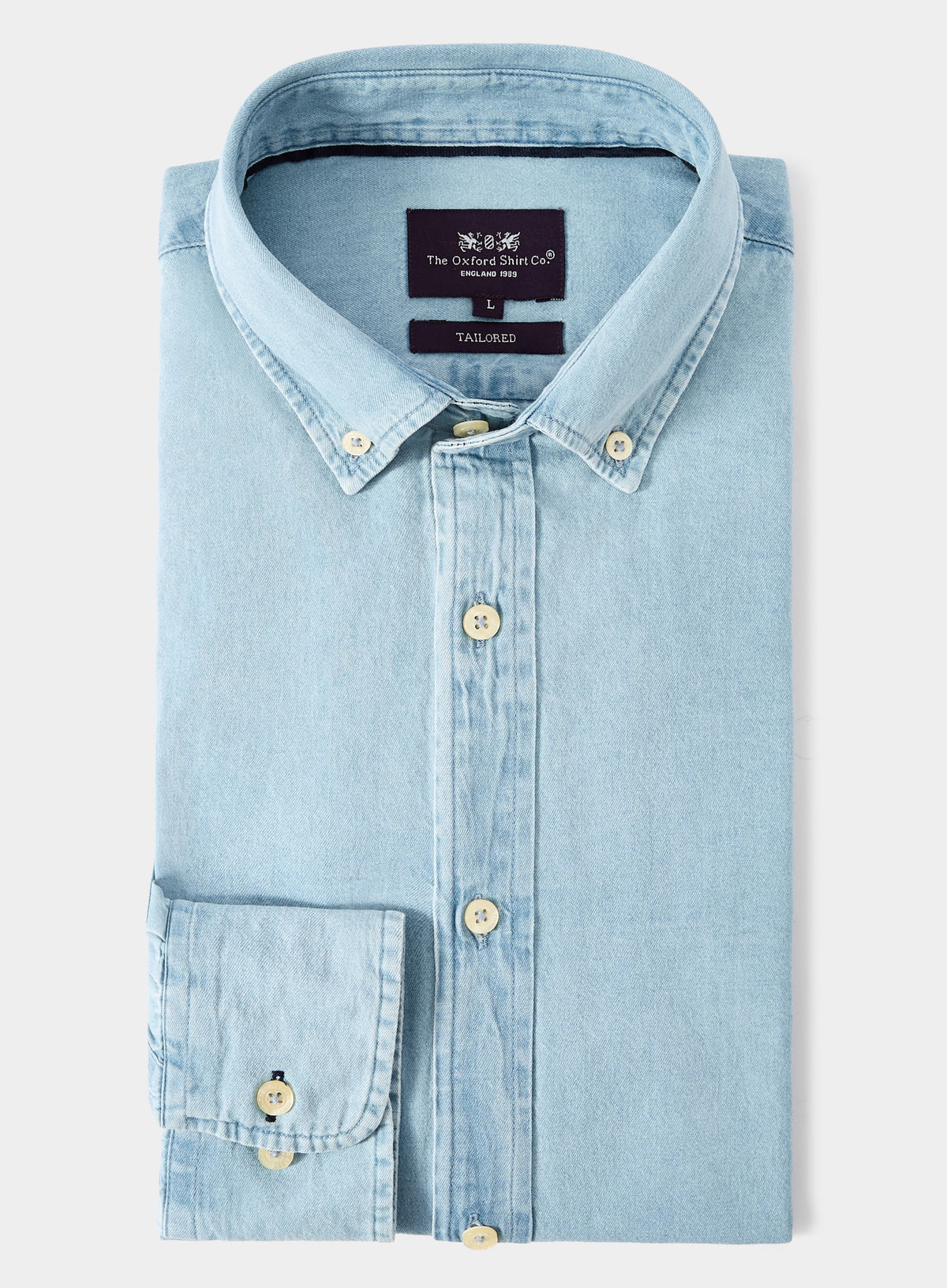 Men’s button-down denim shirt.