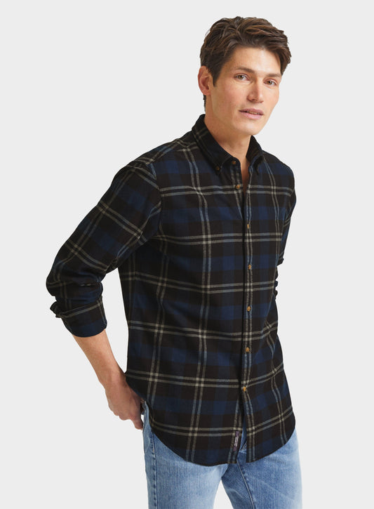 Men’s button-down flannel shirt in Blue and Navy Check.