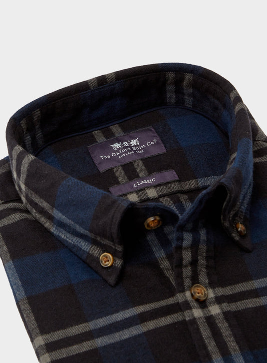Men’s button-down flannel shirt in Blue and Navy Check.