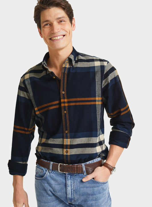 Men’s button-down flannel shirt in Blue and Yellow Check.