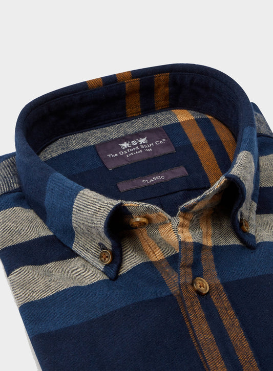 Men’s button-down flannel shirt in Blue and Yellow Check.