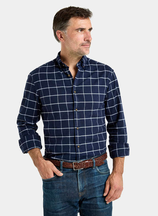 Men’s button-down flannel shirt in Navy and White Check.