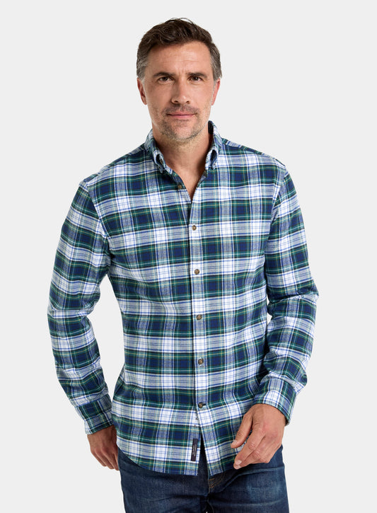 Men’s button-down flannel shirt in White and Green Check.