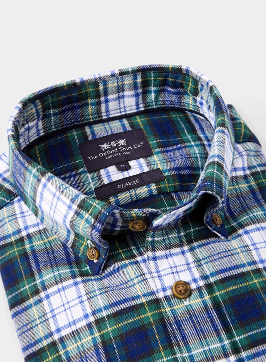Men’s button-down flannel shirt in White and Green Check.