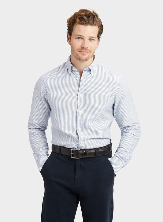 Men’s button-down Oxford shirt in Dark Blue Stripe.