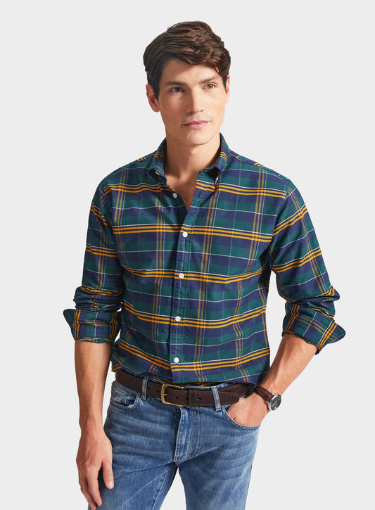 Men’s button-down Oxford shirt in Green and Navy Check.