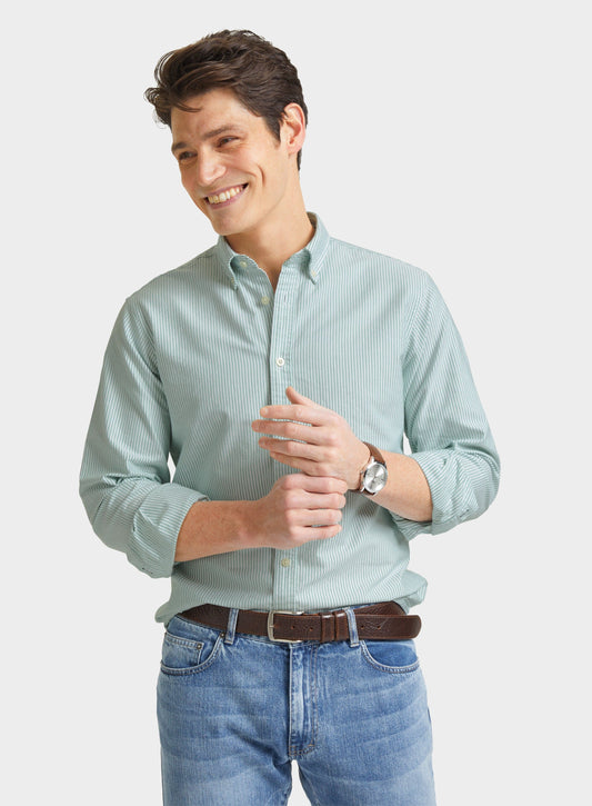 Men’s button-down Oxford shirt in Green Stripe.