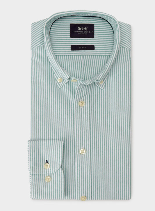 Men’s button-down Oxford shirt in Green Stripe.