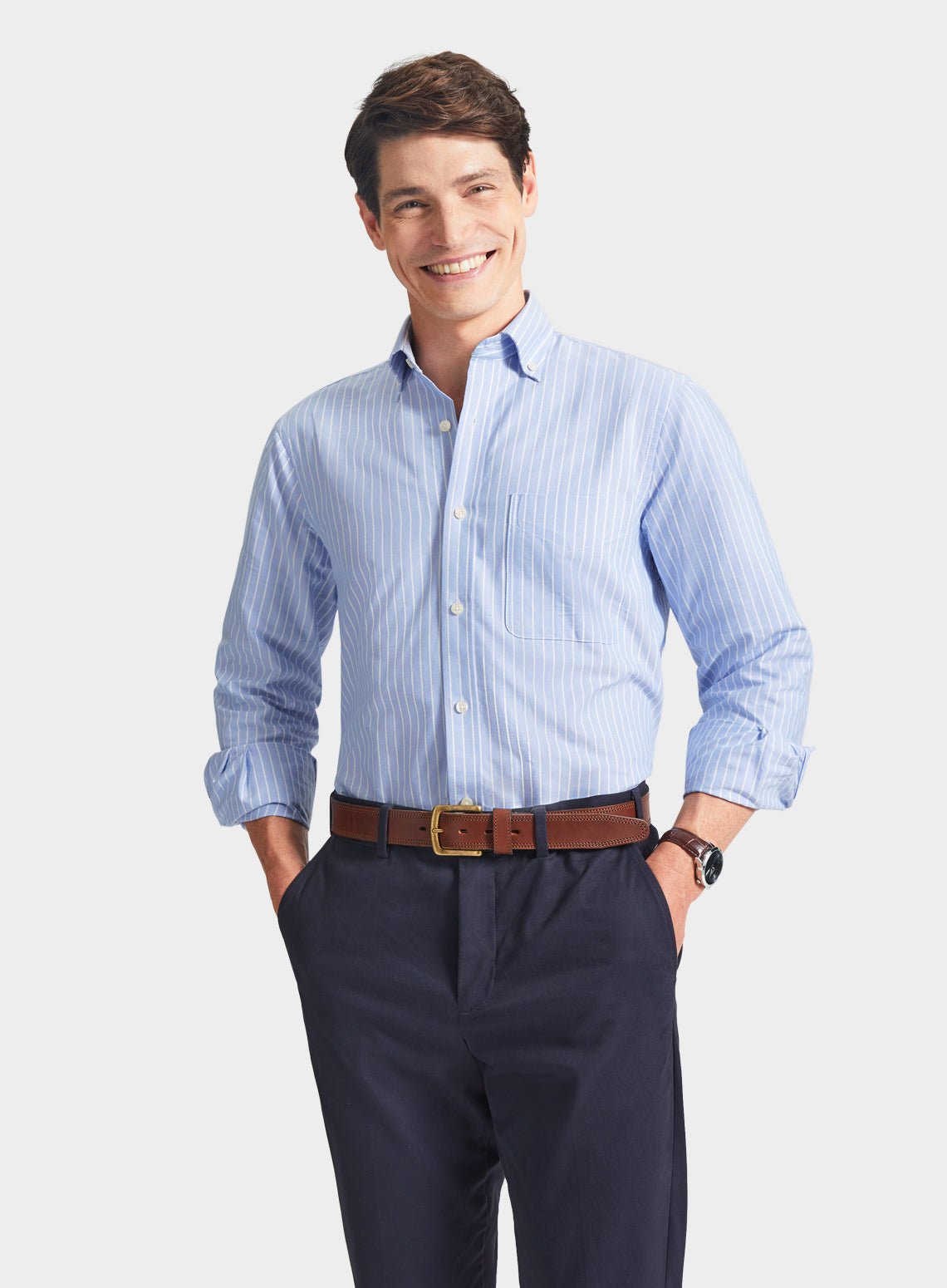 Men’s button-down shirt in Blue and White Stripe.