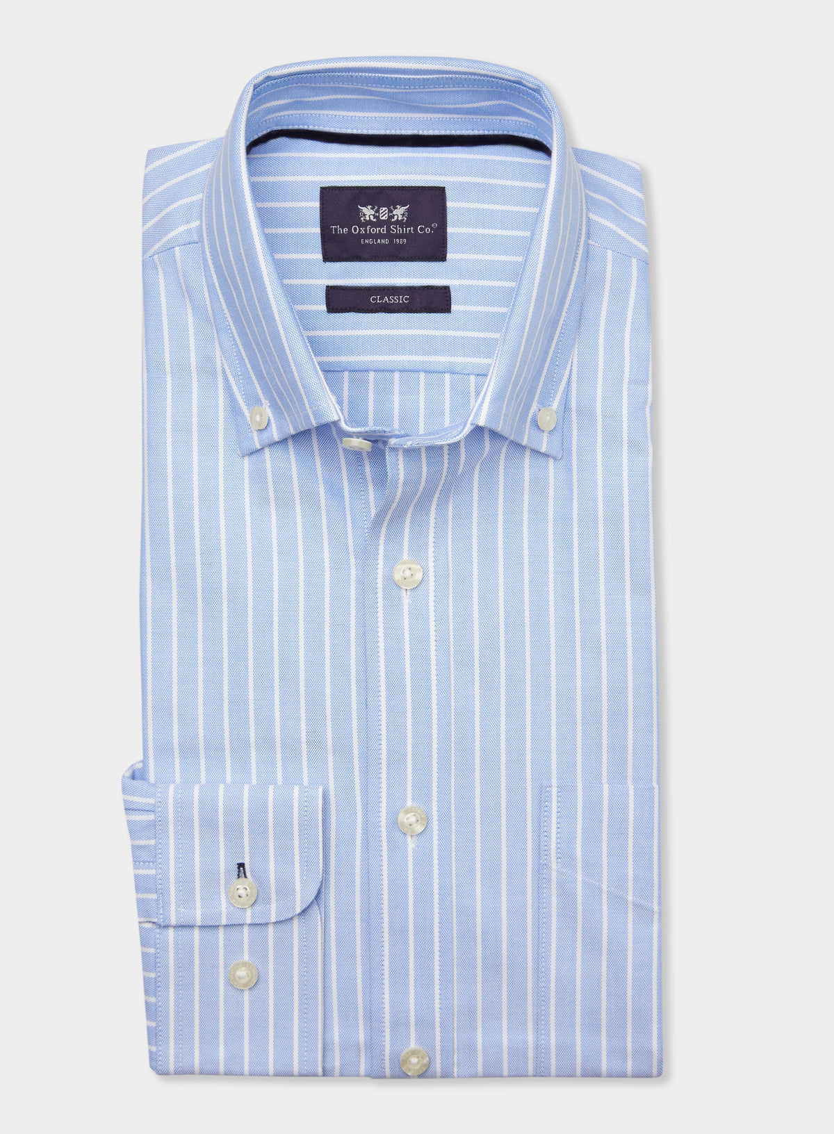 Men’s button-down shirt in Blue and White Stripe.