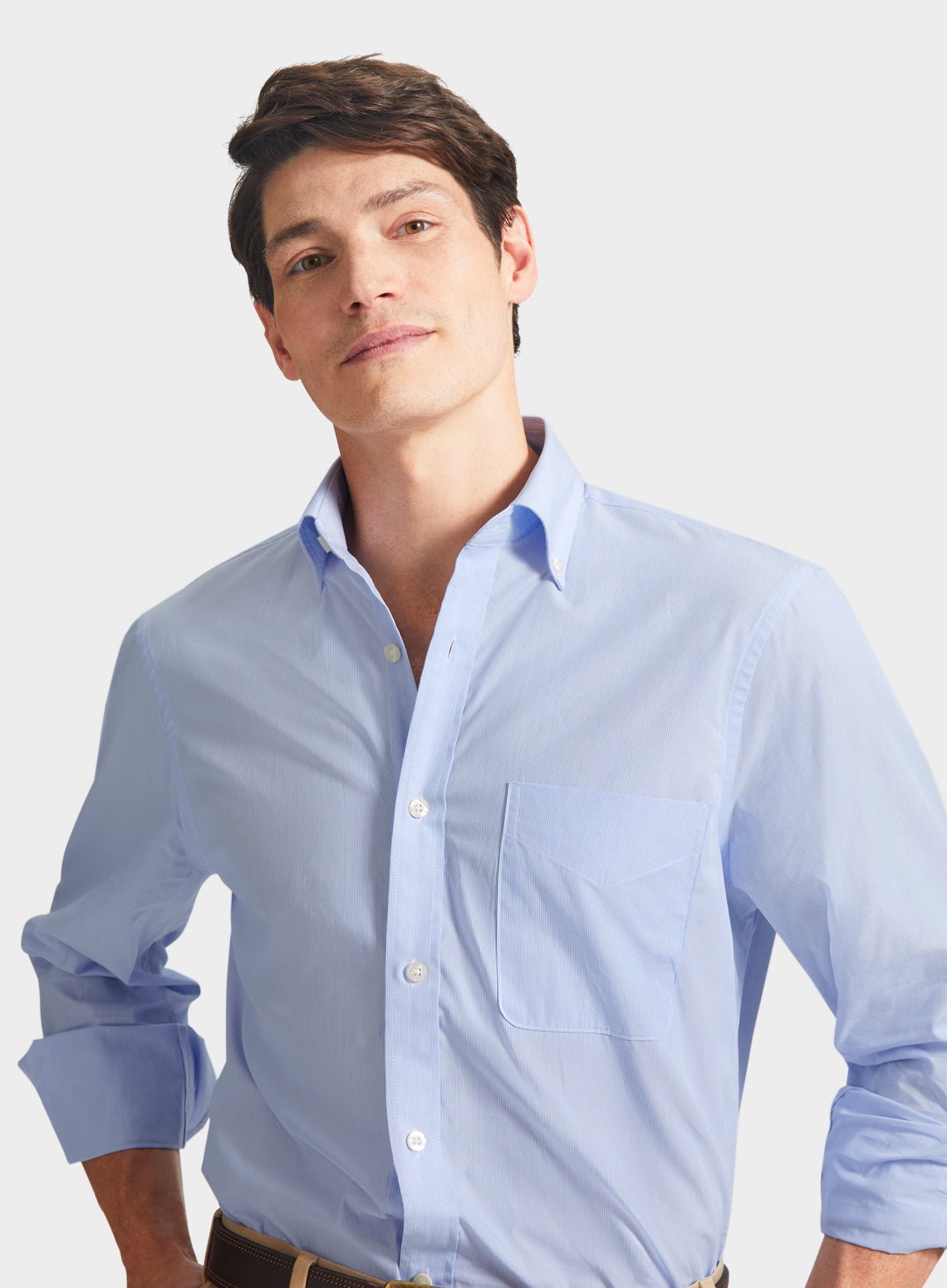 Men’s button-down shirt in Fine Blue Stripe.