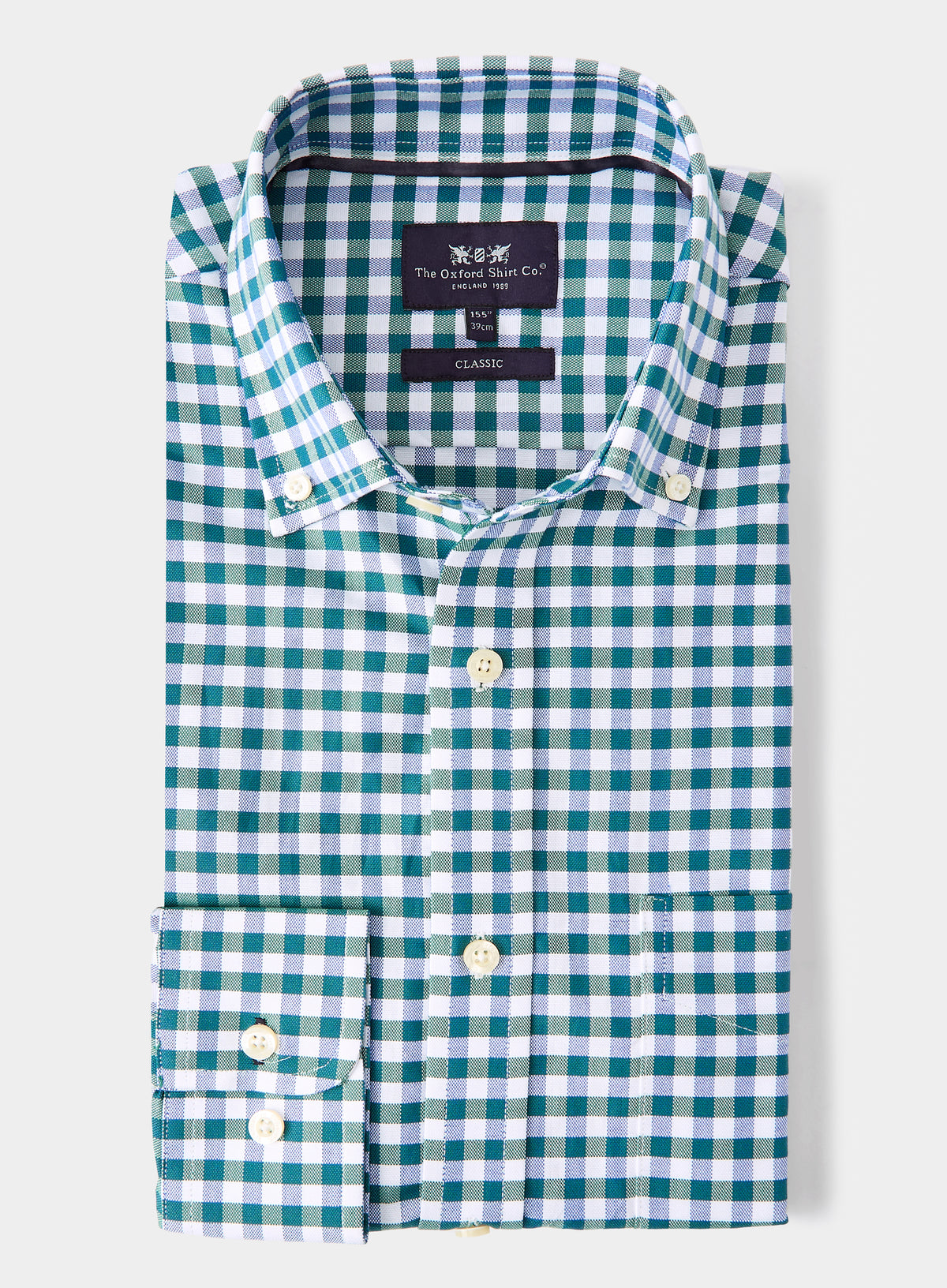Men’s button-down shirt in Green and Navy Check.