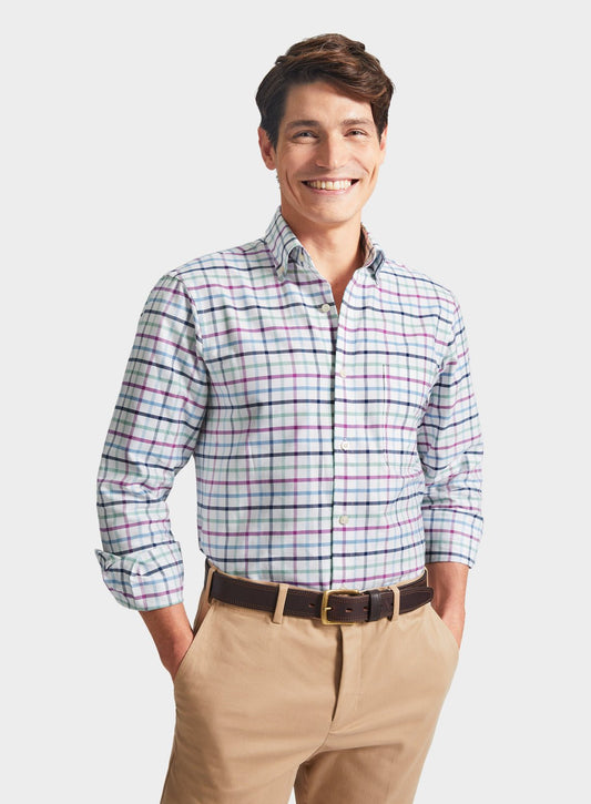 Men’s button-down shirt in Green and Purple Check.
