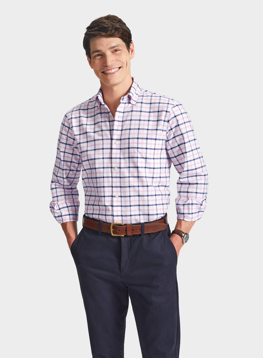 Men’s button-down shirt in Navy and Pink Check.