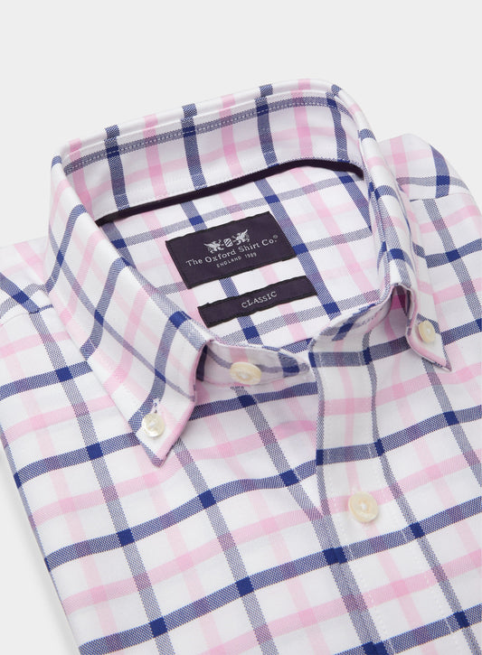 Men’s button-down shirt in Navy and Pink Check.