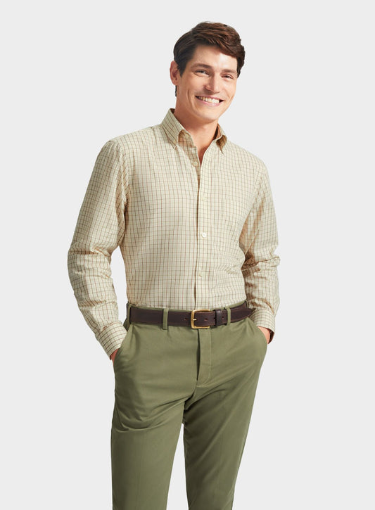 Men’s button-down tattersall shirt in Beige and Green Check.