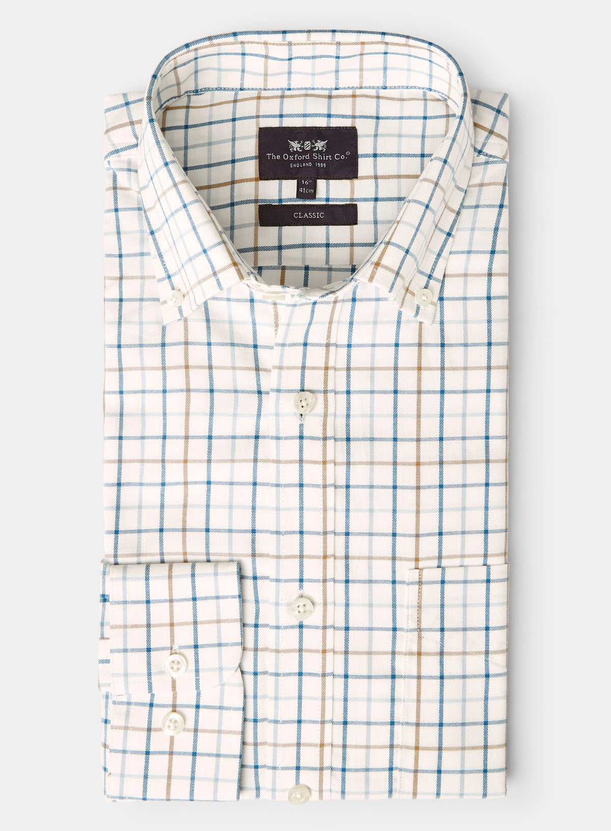 Men’s button-down tattersall shirt in Beige and Navy Check.