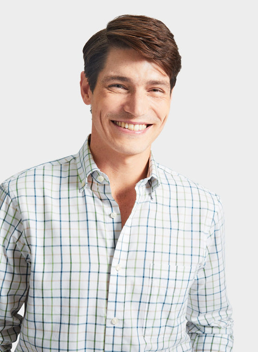 Men’s button-down tattersall shirt in Blue and Green Check.