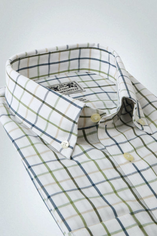Men’s button-down tattersall shirt in Blue and Green Check.