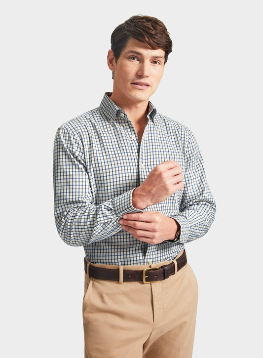 Men’s button-down tattersall shirt in Green and Blue Check.