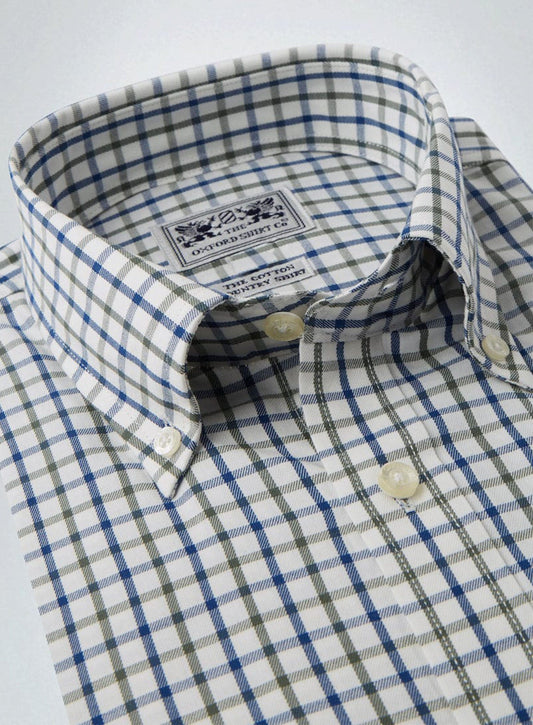 Men’s button-down tattersall shirt in Green and Blue Check.