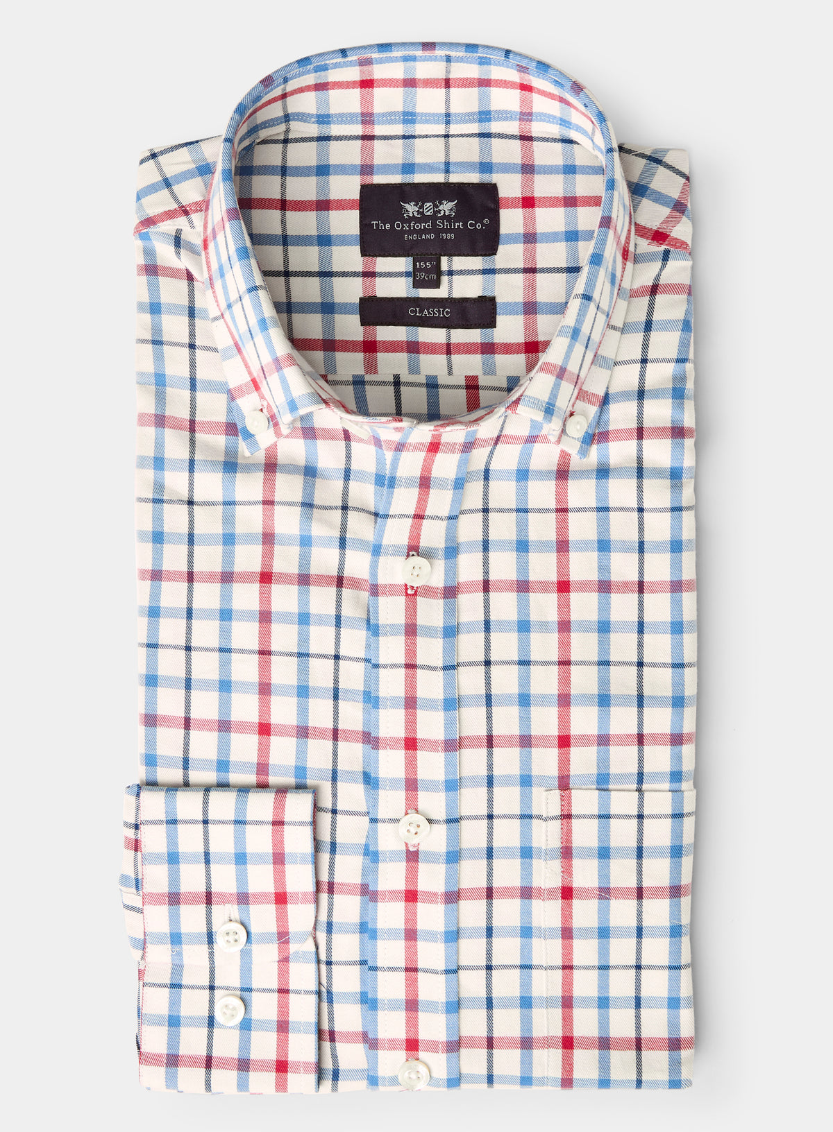Men’s button-down tattersall shirt in Red and Blue Check.