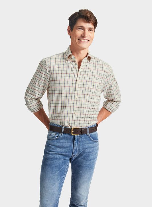Men’s button-down tattersall shirt in Red and Green Check.