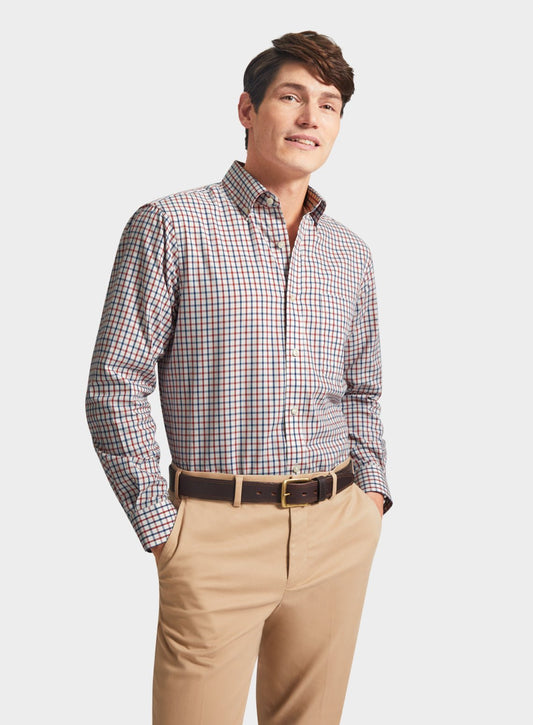 Men’s button-down tattersall shirt in Red and Navy Check.