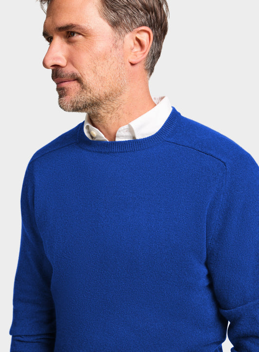 Men’s cashmere crew neck jumper in Bright Blue.