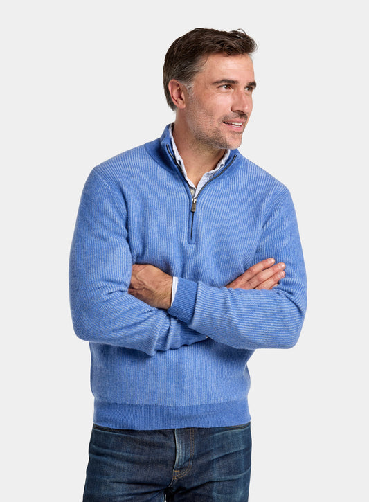 Men’s cashmere plaited rib quarter zip jumper in Blue.