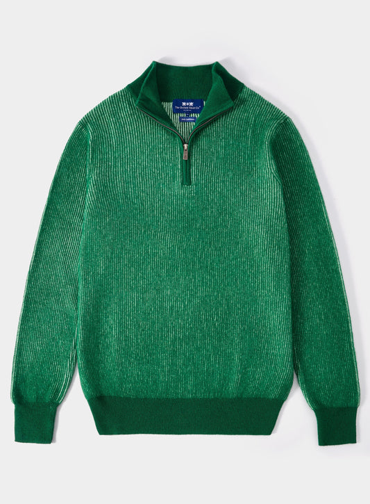 Men’s cashmere plaited rib quarter zip jumper in Grass.