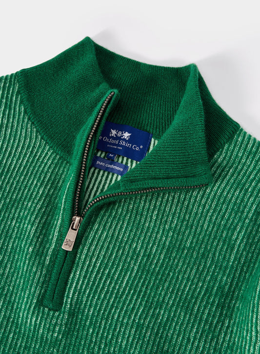 Men’s cashmere plaited rib quarter zip jumper in Grass.