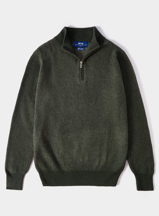 Men’s cashmere plaited rib quarter zip jumper in Green.
