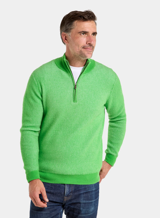 Men’s cashmere plaited rib quarter zip jumper in Lime.