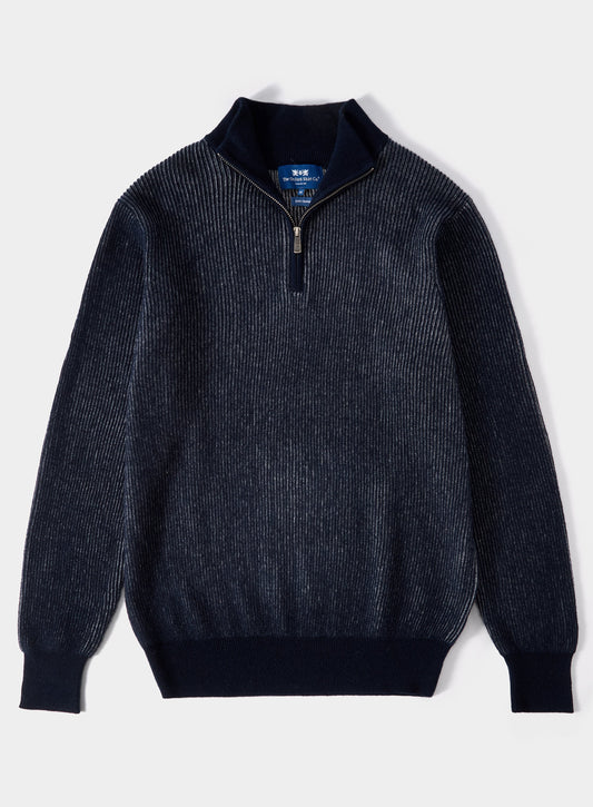 Men’s cashmere plaited rib quarter zip jumper in Navy.