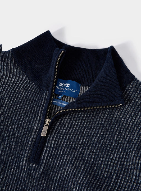 Men’s cashmere plaited rib quarter zip jumper in Navy.
