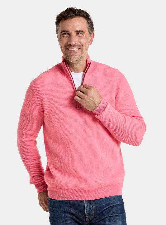 Men’s cashmere plaited rib quarter zip jumper in Pink.
