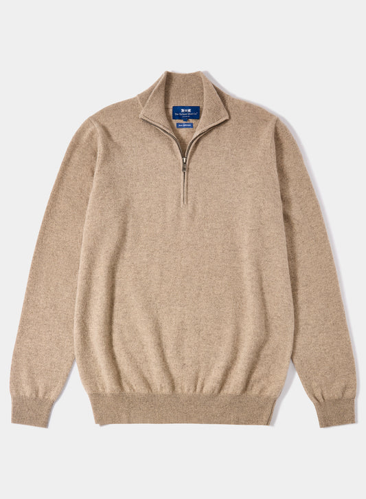 Men’s cashmere quarter zip jumper in Beige.