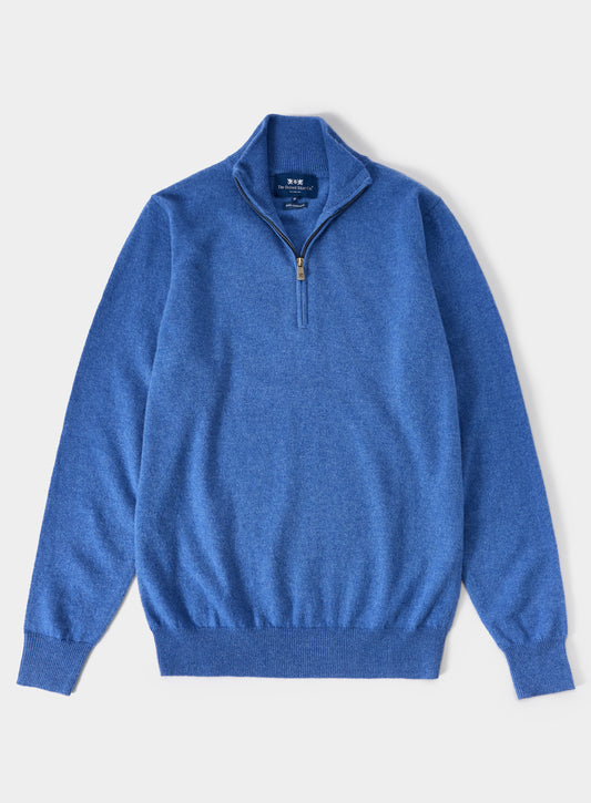 Men’s cashmere quarter zip jumper in Blue.