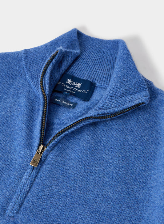Men’s cashmere quarter zip jumper in Blue.