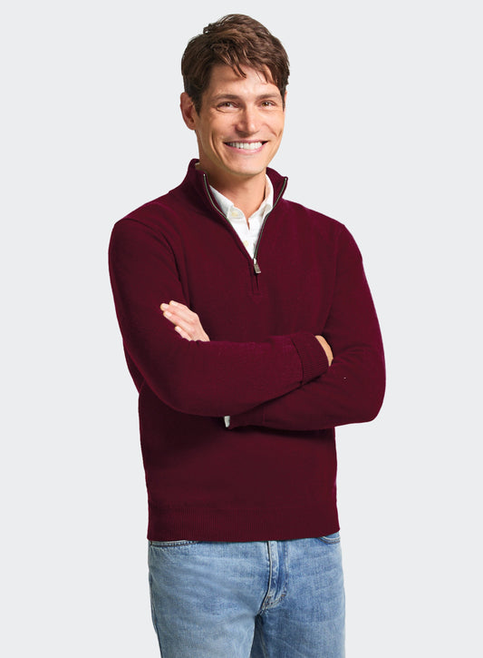 Men’s cashmere quarter zip jumper in Bordeaux.