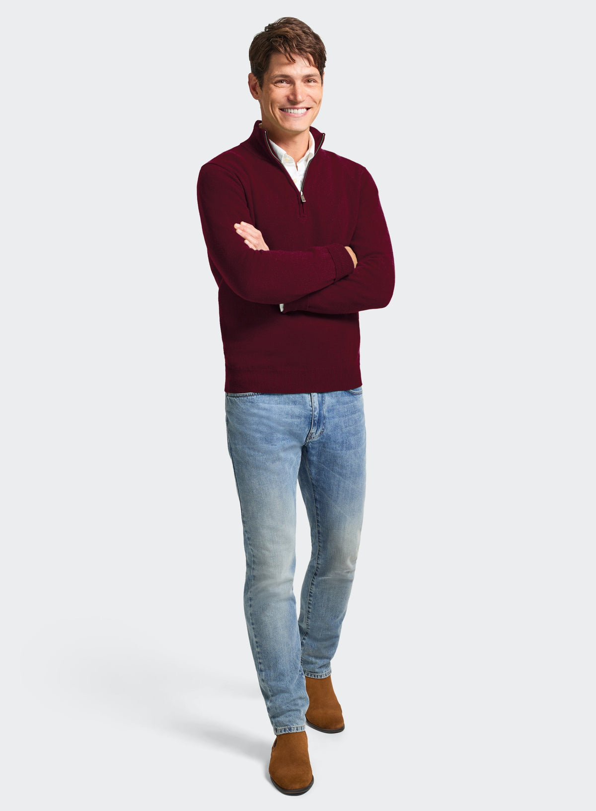 Men’s cashmere quarter zip jumper in Bordeaux.