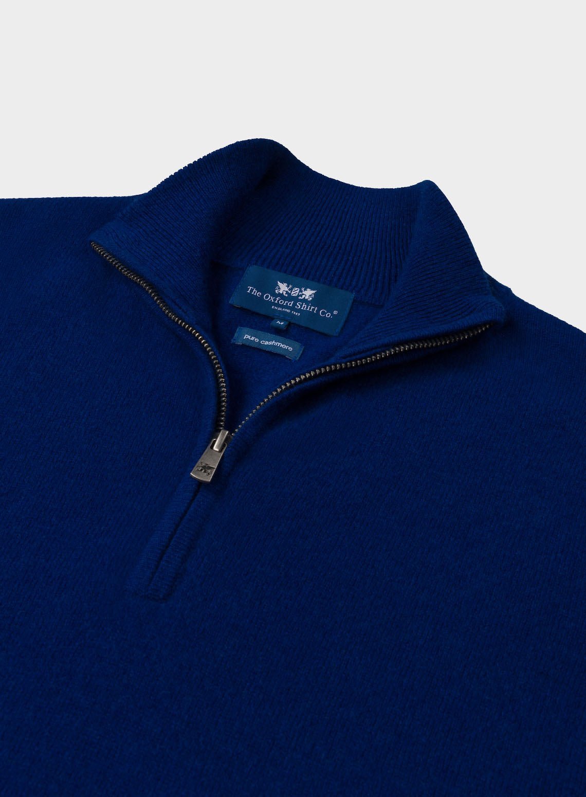 Men’s cashmere quarter zip jumper in Bright Blue.