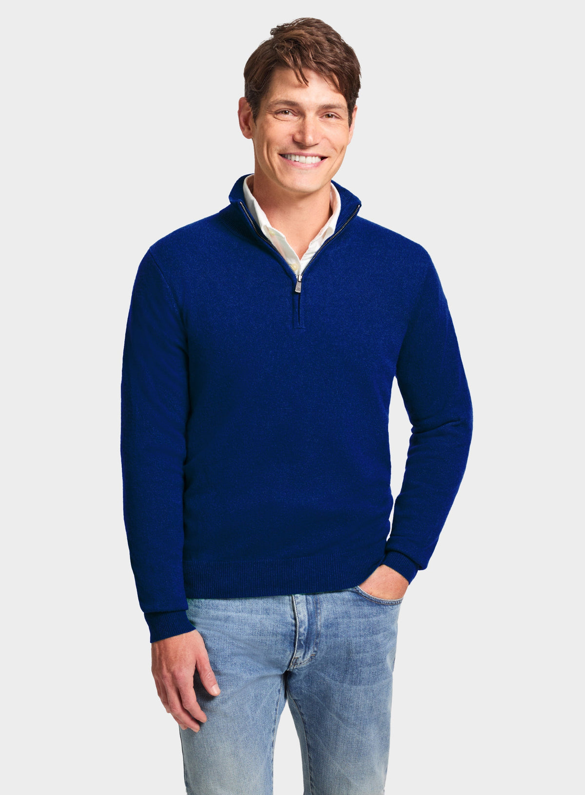 Men’s cashmere quarter zip jumper in Bright Blue.