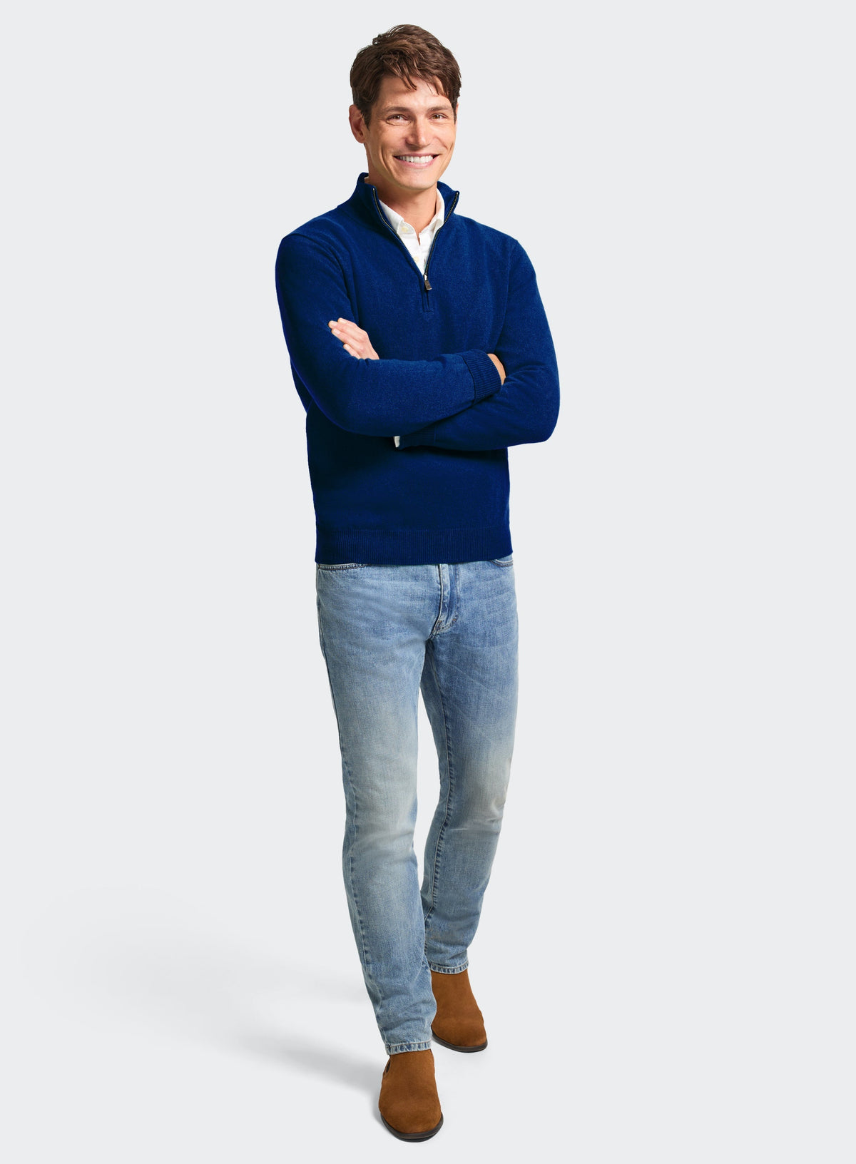 Men’s cashmere quarter zip jumper in Bright Blue.