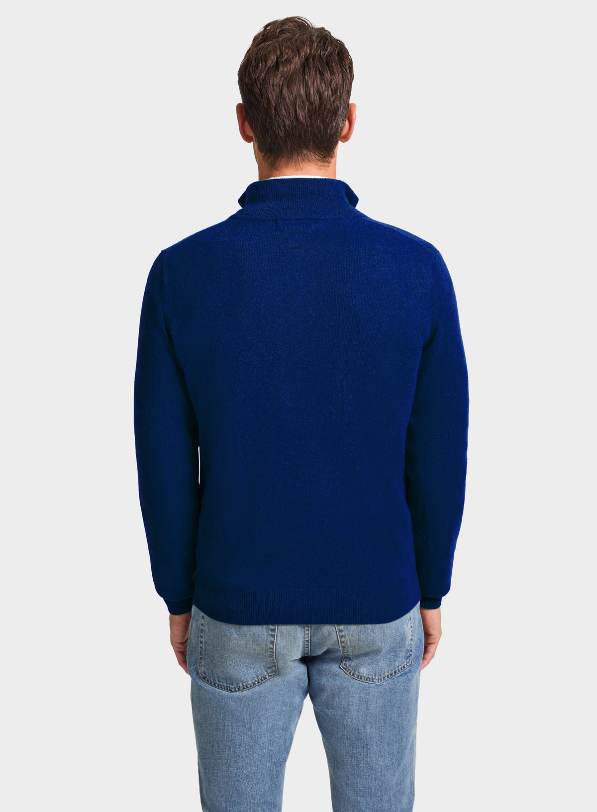 Men’s cashmere quarter zip jumper in Bright Blue.