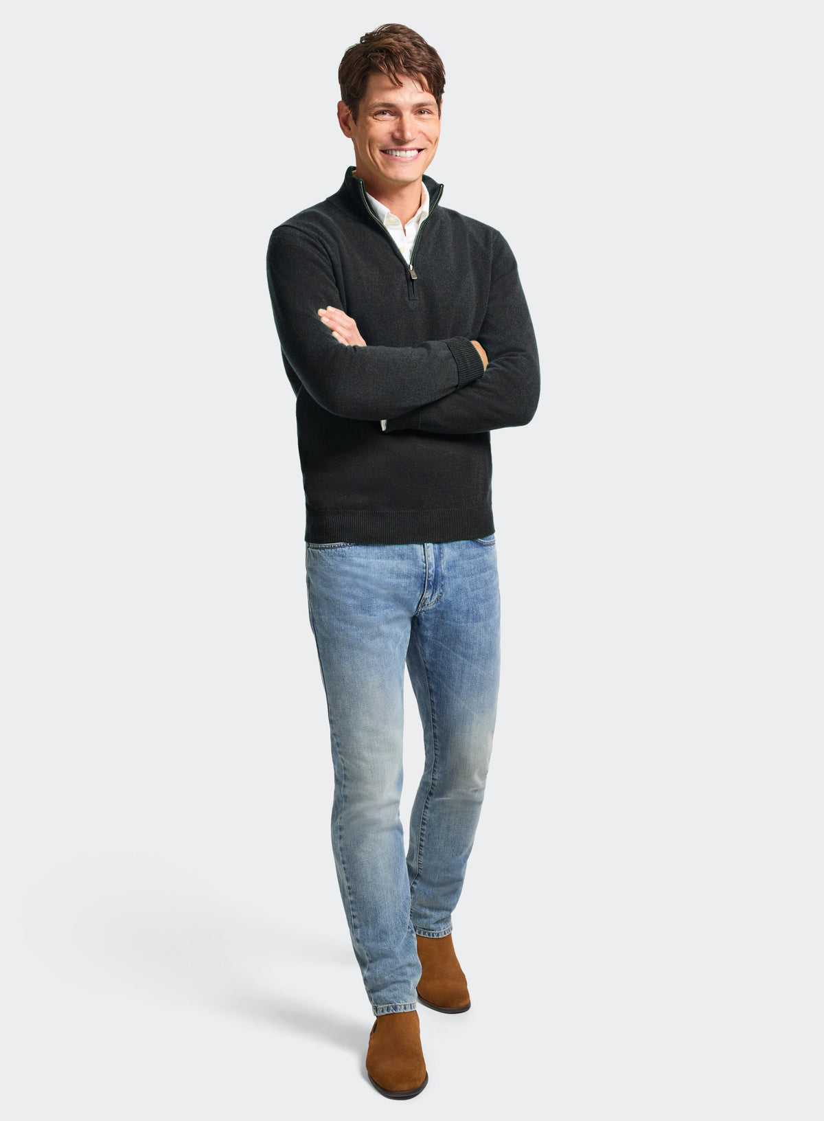 Men’s cashmere quarter zip jumper in Charcoal.