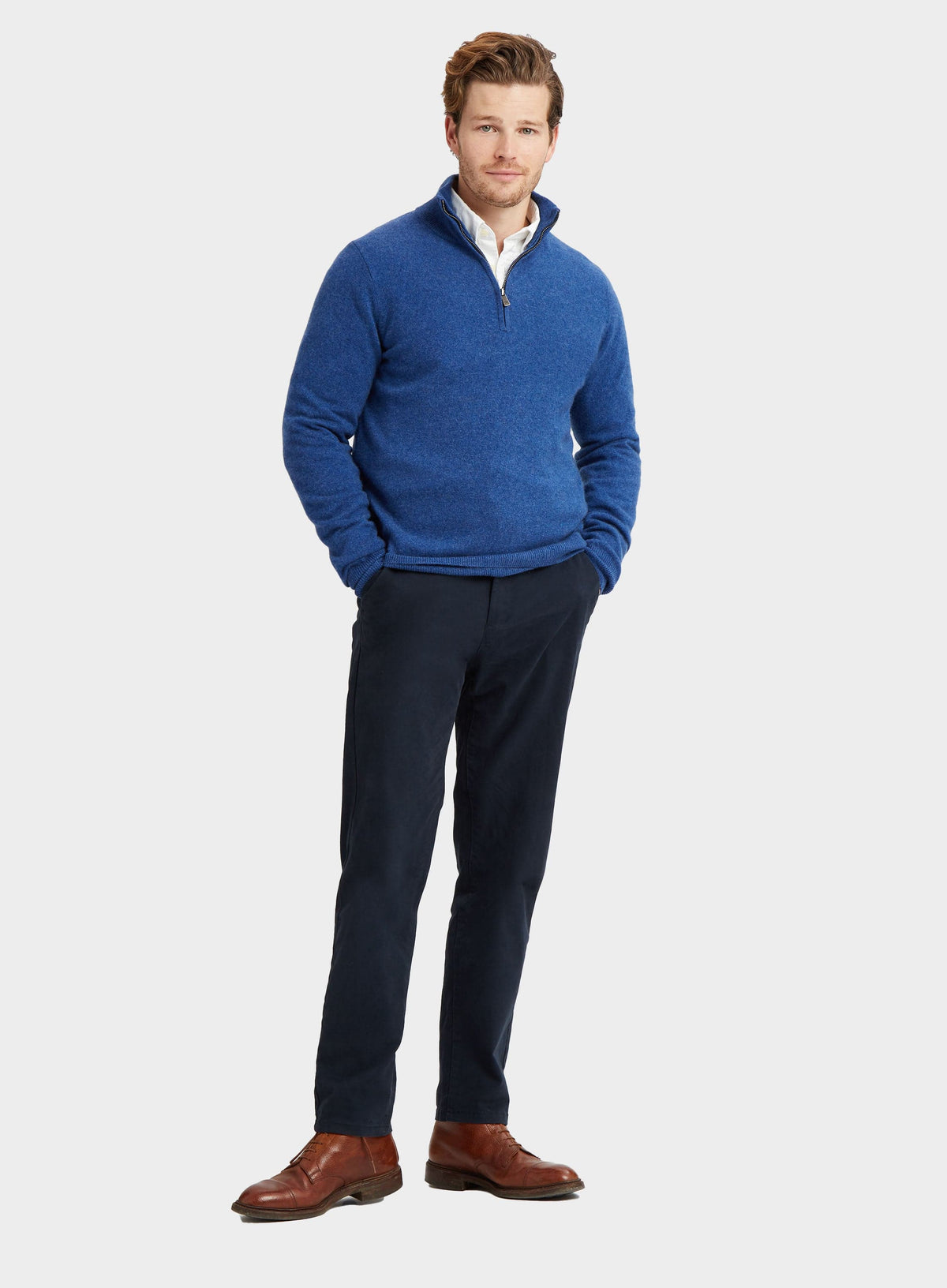Men’s cashmere quarter zip jumper in Denim.