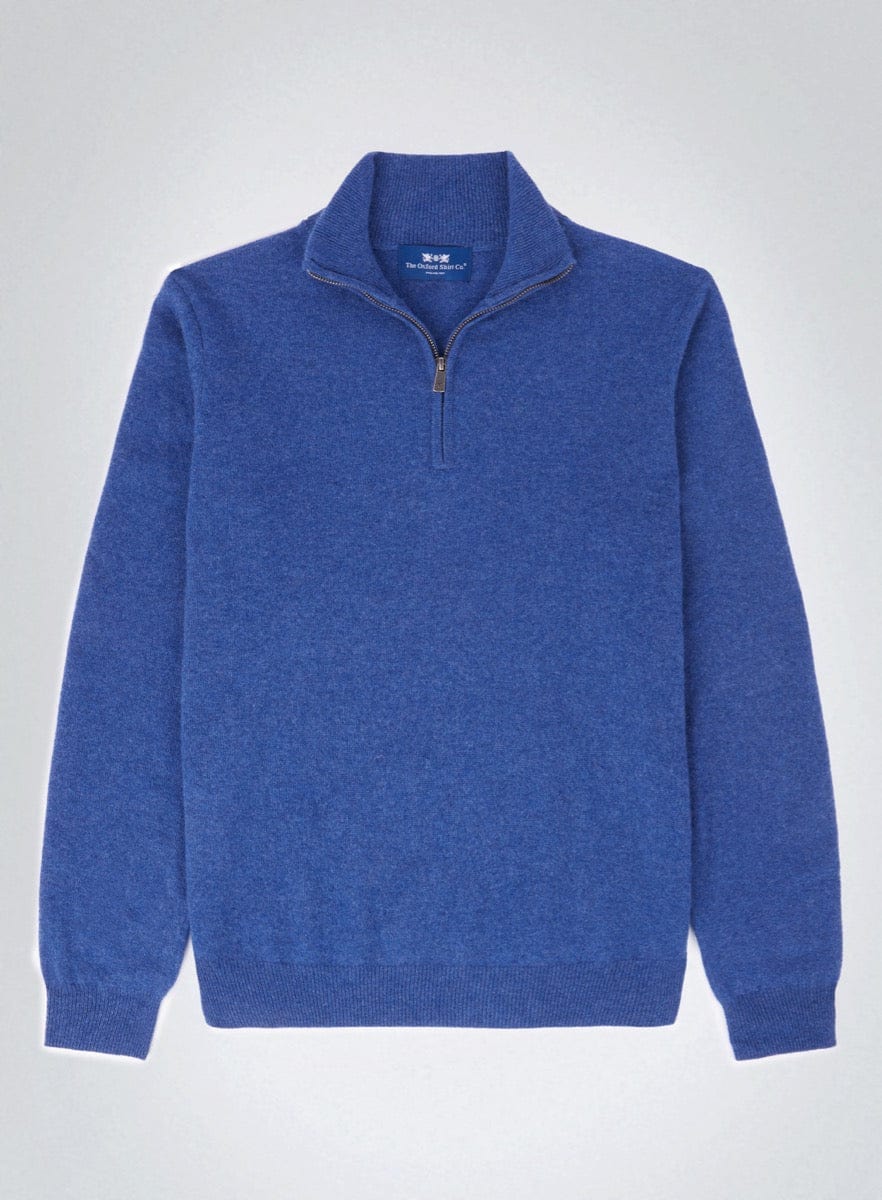 Men’s cashmere quarter zip jumper in Denim.
