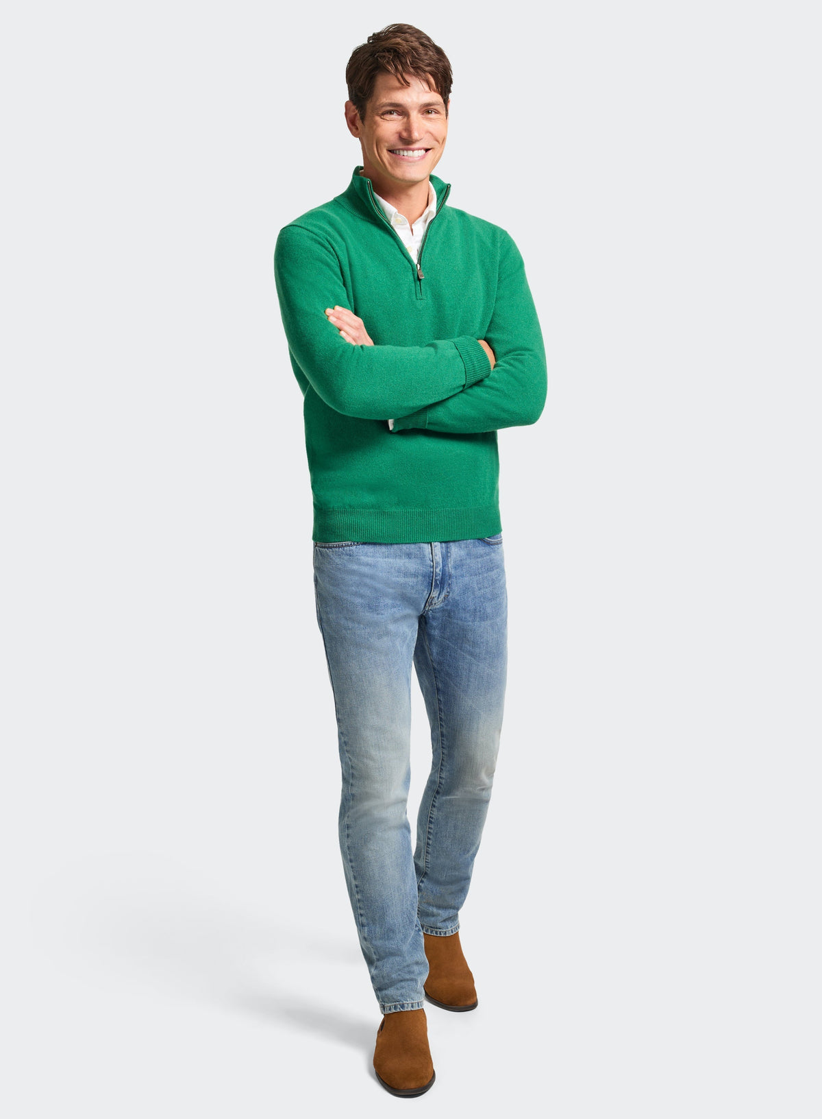 Men’s cashmere quarter zip jumper in Grass.